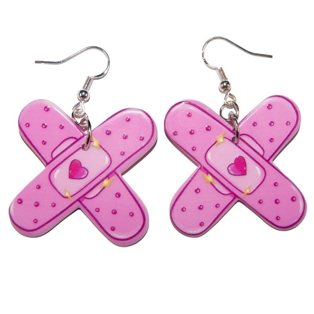 Plaster Bandage Heart Pink Earrings hypoallergenic nickel free 925‎